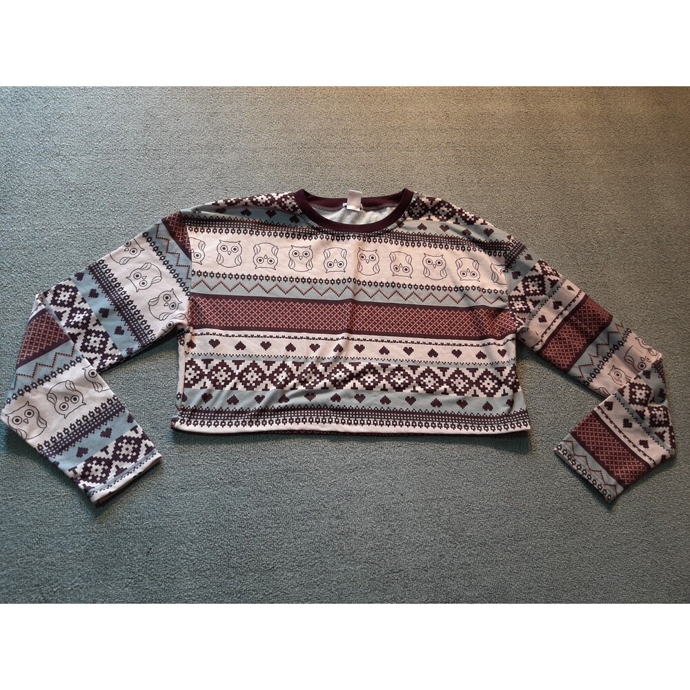 True crop top Womens M Medium Owl Pattern Long Sleeve
